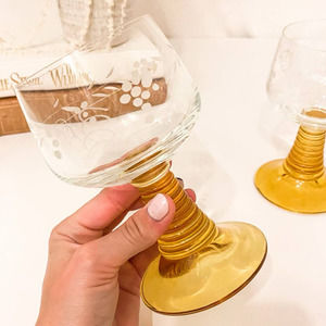 Vintage German Roemer Wine Goblets Amber Beehive Ribbed Glass Stems 5 oz (4) Set